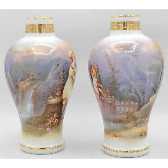 Antique Dresden Hand-Painted Pair of 7 1/4"H Vases. Work of Art. - Picture 5 of 16